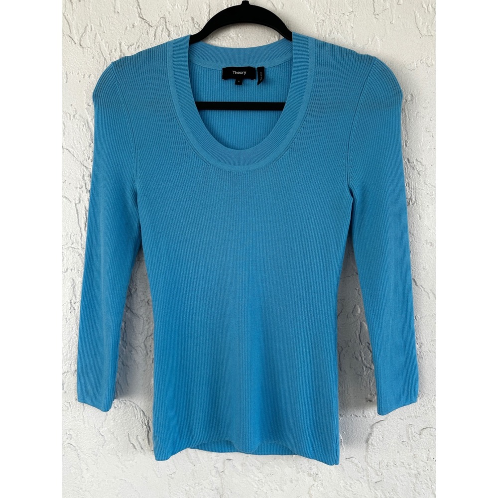 Theory Blue Soft Wool Ribbed Knit Scoop Neck 3/4 Sleeve Sweater Top Small Light